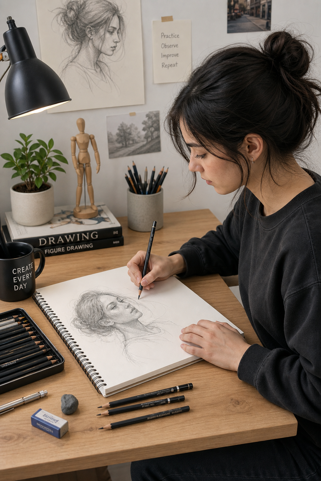Artist practicing drawing with pencils at a clean workspace