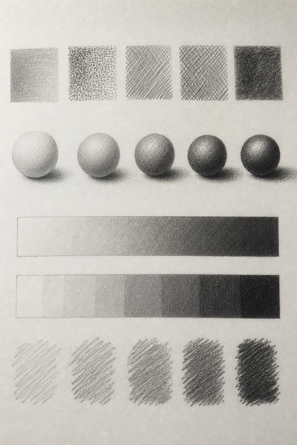 Close-up of realistic pencil art and shading practice on paper
