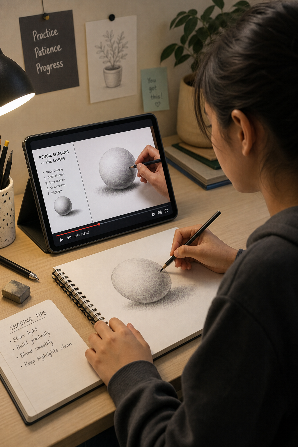 Student following an online pencil drawing class on a tablet