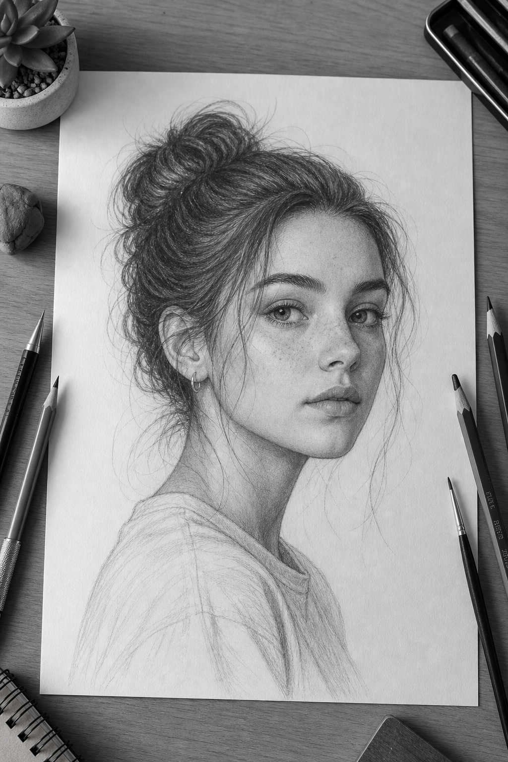 Detailed pencil portrait drawing on a clean studio desk